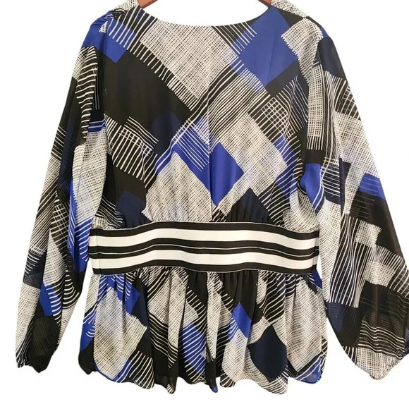 Lane Bryant Surplice Top Peplum Flowy Chiffon Size 18/20 Blue Black V Neck - Picture 2 of 7